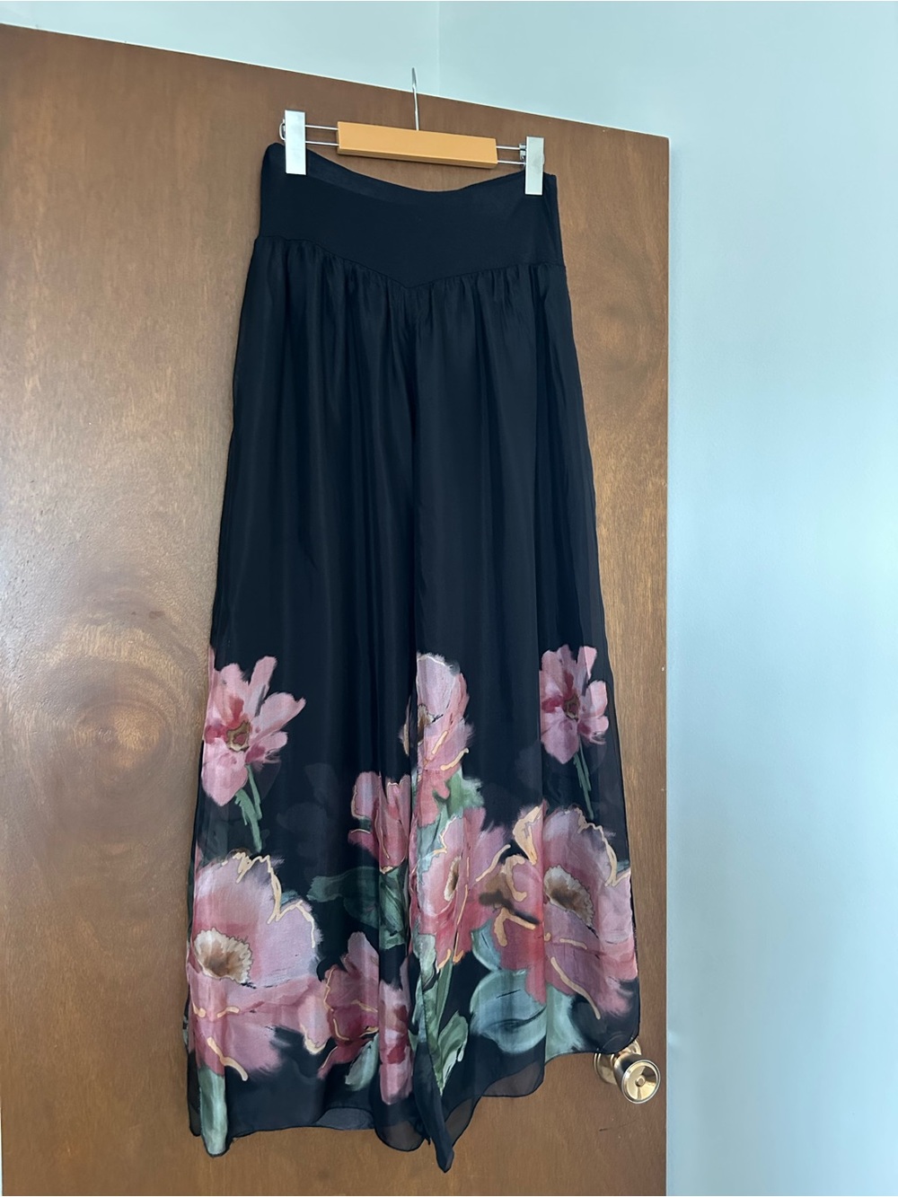 Black Floral Silk Wide Leg Pants with Pink Bloom Print